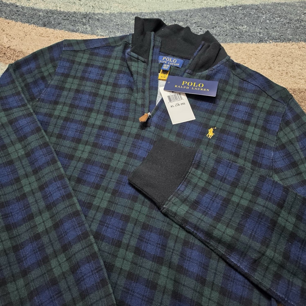 Polo Ralph Lauren Estate Rib Pullover Sweater Kids XL Green Tartan Cotton NWT